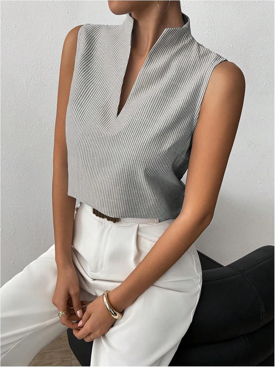 SOLY HUX Women's Work Outfits V Neck Sleeveless Blouses Summer Casual Tank Tops Business Office Dressy Striped Shirts