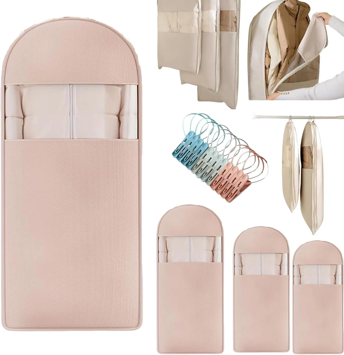 Space Saving Hanging Garment Bag with Self Compression Zipper, 2025 New Down Coat Compression Dust Cover for Closet Storage,Transparent Visibility (Light peach,XL)