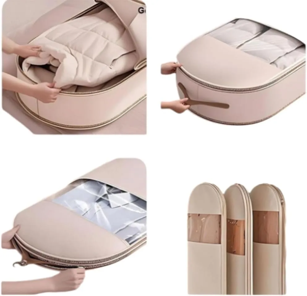 Space Saving Hanging Garment Bag with Self Compression Zipper, 2025 New Down Coat Compression Dust Cover for Closet Storage,Transparent Visibility (Light peach,XL)