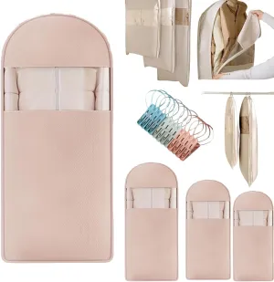 Space Saving Hanging Garment Bag with Self Compression Zipper, 2025 New Down Coat Compression Dust Cover for Closet Storage,Transparent Visibility (Light peach,XL)