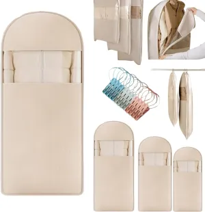 Space Saving Hanging Garment Bag with Self Compression Zipper, 2025 New Down Coat Compression Dust Cover for Closet Storage,Transparent Visibility (Oatmeal beige,L)