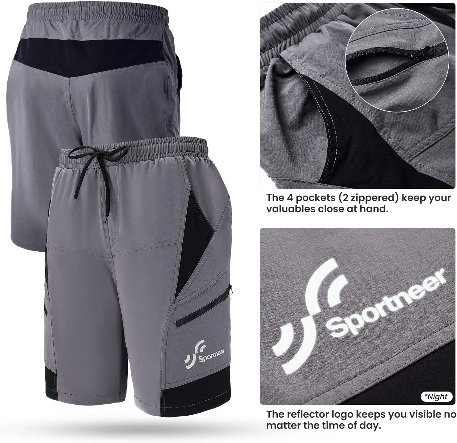 Sportneer Bike Shorts for Men: 3D Padded Lightweight Riding Biking Cycling Mountain Bike Shorts for Men with Zipper Pockets