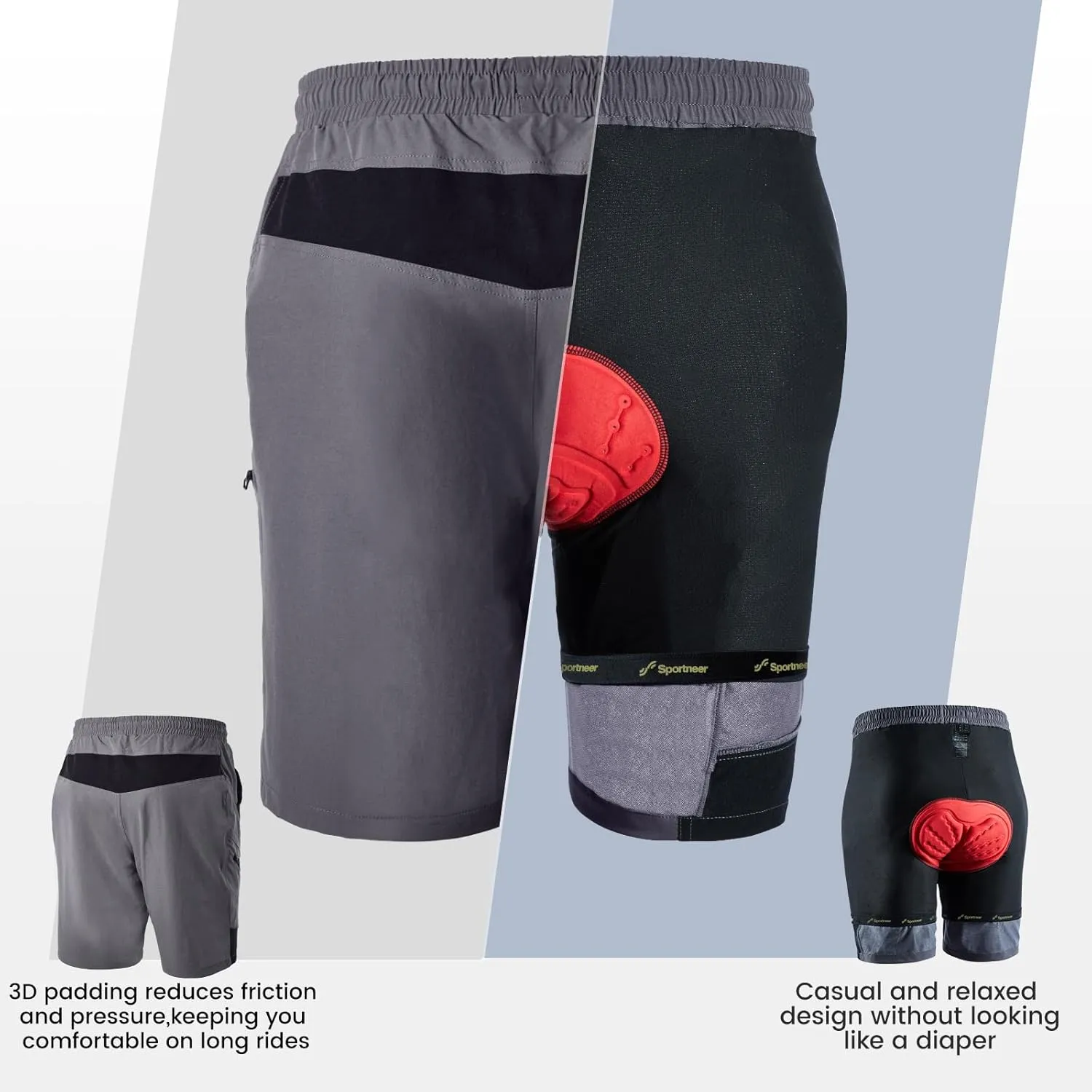 Sportneer Bike Shorts for Men: 3D Padded Lightweight Riding Biking Cycling Mountain Bike Shorts for Men with Zipper Pockets
