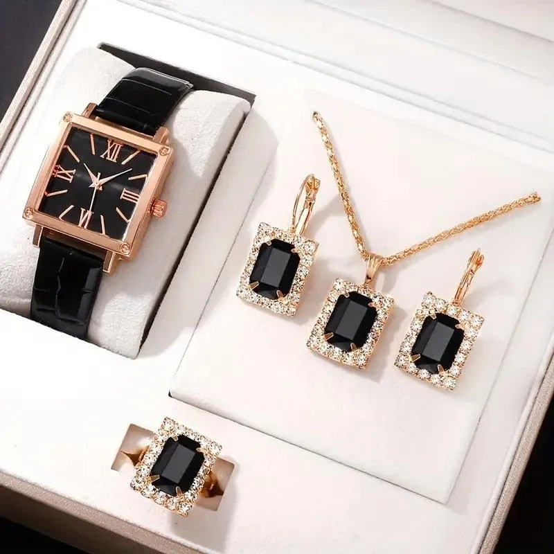 Square Belt Watch Gem Bracelet Set Timeless Luxury & Modern Elegance