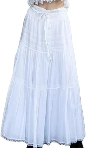 Sumleno Women's Boho Fairycore Midi Skirt Lace Ruffle Tiered A-line Flowy Split Long Maxi Skirts Y2k Aesthetic Streetwear