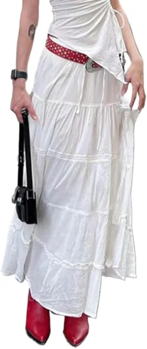 Sumleno Women's Boho Fairycore Midi Skirt Lace Ruffle Tiered A-line Flowy Split Long Maxi Skirts Y2k Aesthetic Streetwear