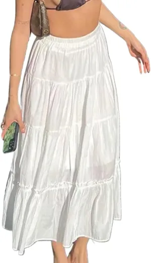 Sumleno Women's Boho Fairycore Midi Skirt Lace Ruffle Tiered A-line Flowy Split Long Maxi Skirts Y2k Aesthetic Streetwear