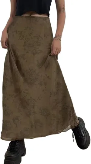 Sumleno Y2K Aesthetic Midi Skirt for Women Floral Print Mermaid Long Skirt 90s E-Girl Vintage Fairycore Grunge Streetwear
