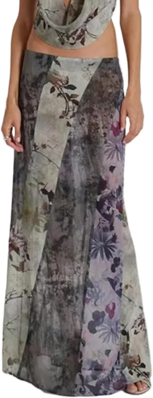 Sumleno Y2K Aesthetic Midi Skirt for Women Floral Print Mermaid Long Skirt 90s E-Girl Vintage Fairycore Grunge Streetwear