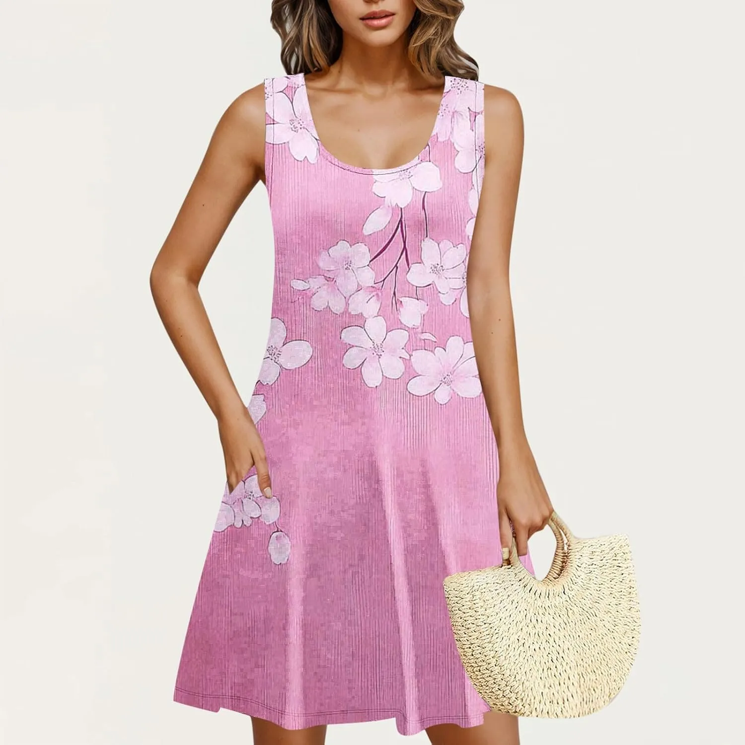 Summer Dresses for Women 2025 Boho Floral Sleeveless Midi Dress Pleated Flowy Dress Casual Loose Beach Outfits