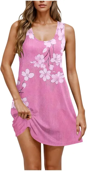 Summer Dresses for Women 2025 Boho Floral Sleeveless Midi Dress Pleated Flowy Dress Casual Loose Beach Outfits