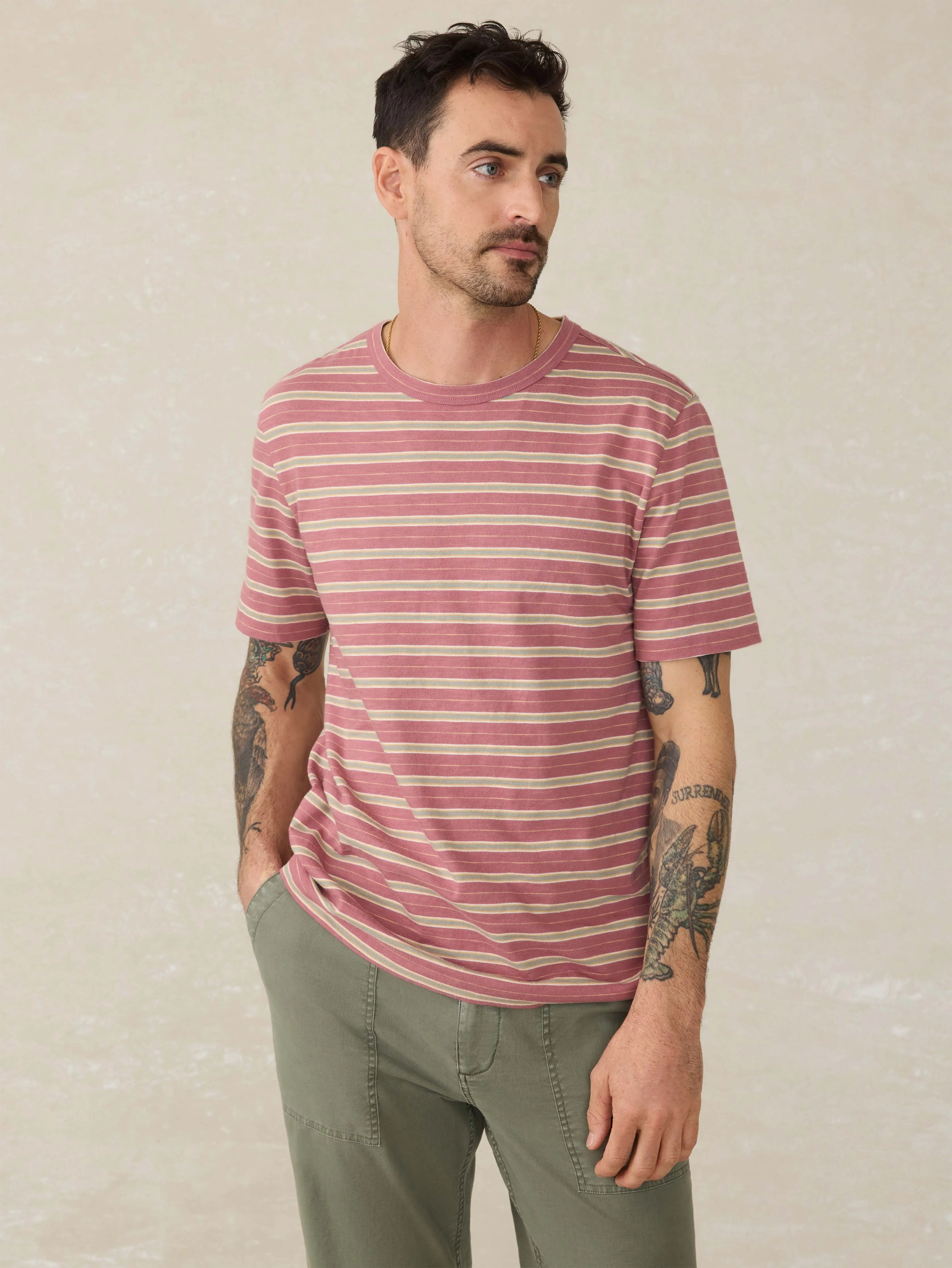 Sunwashed Regenerative Cotton Tee - Red Reef Stripe
