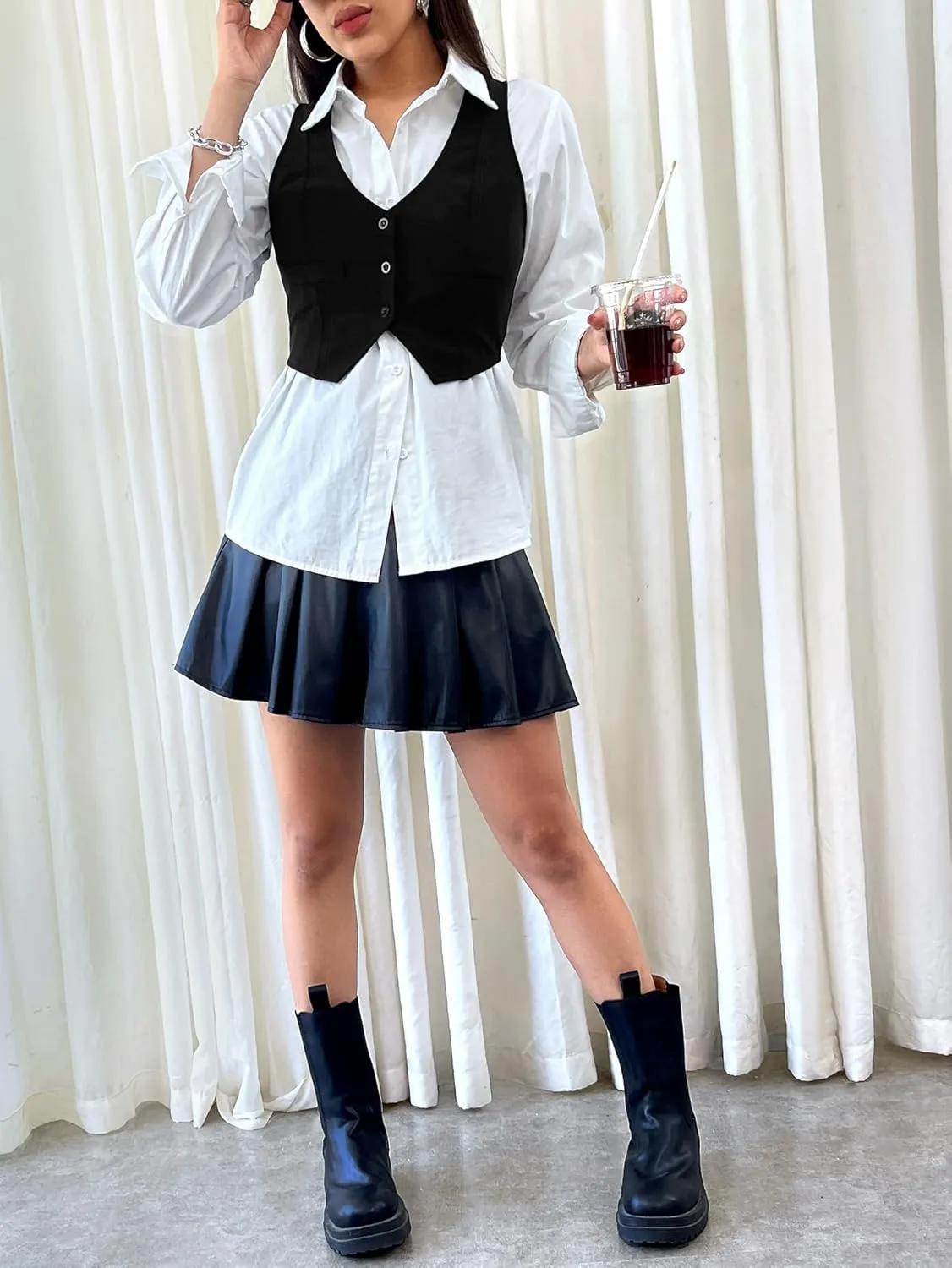SweatyRocks Women's Solid Button Front Crop Waistcoat V Neck Sleeveless Blazers