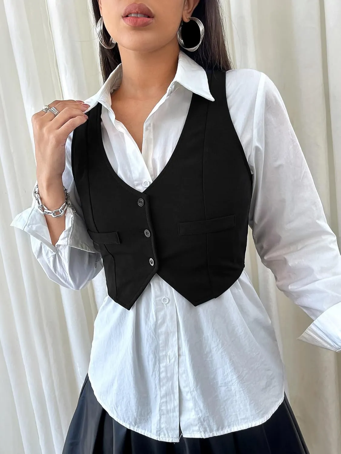 SweatyRocks Women's Solid Button Front Crop Waistcoat V Neck Sleeveless Blazers