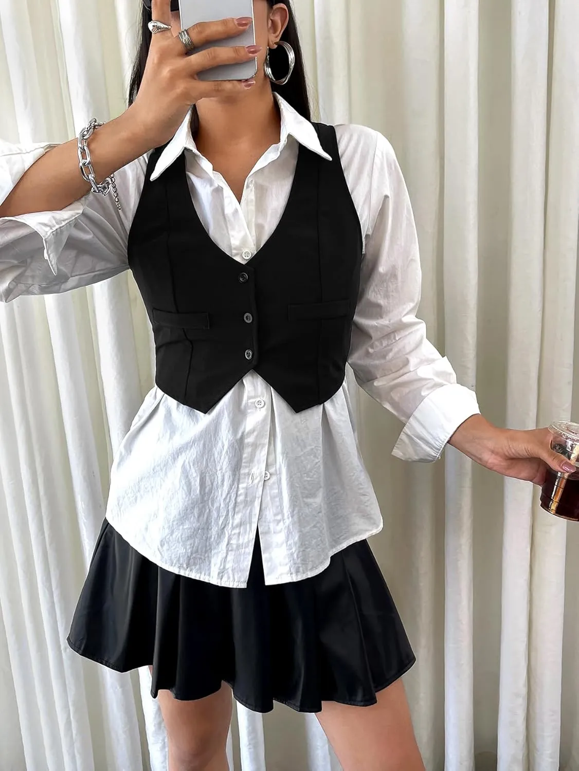 SweatyRocks Women's Solid Button Front Crop Waistcoat V Neck Sleeveless Blazers