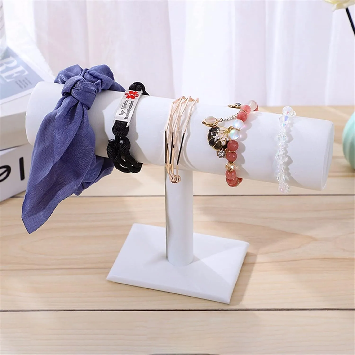 T Bar Bracelet Display Stand Detachable Velvet Necklace Jewelry Bracelet Bangle Scrunchie Watch Holder Organizer for Women Girls Men Home (White)