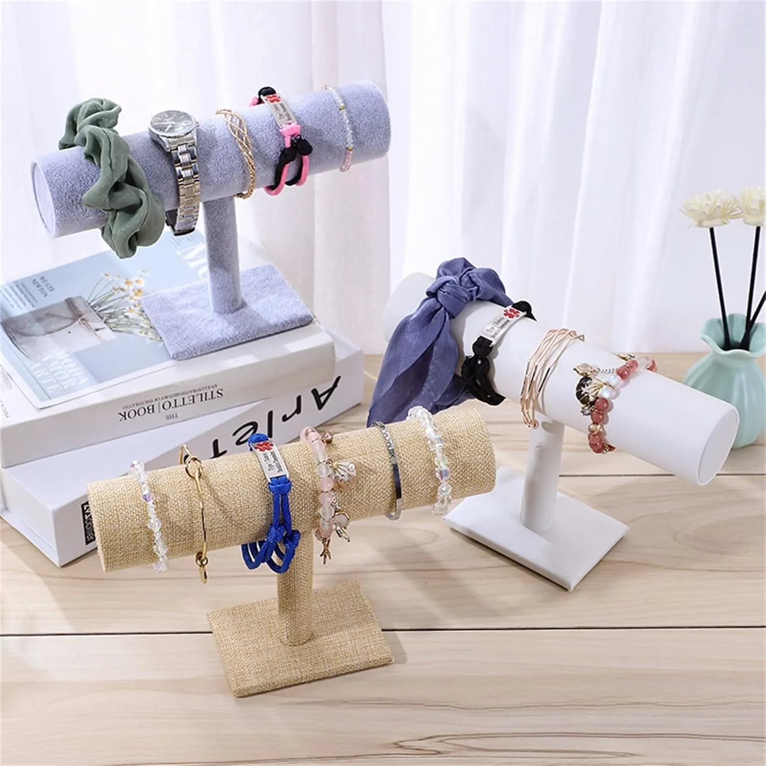 T Bar Bracelet Display Stand Detachable Velvet Necklace Jewelry Bracelet Bangle Scrunchie Watch Holder Organizer for Women Girls Men Home (White)