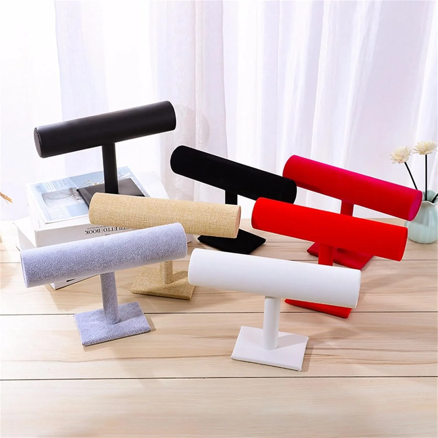 T Bar Bracelet Display Stand Detachable Velvet Necklace Jewelry Bracelet Bangle Scrunchie Watch Holder Organizer for Women Girls Men Home (White)