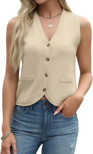 Tanou Sweater Vest for Women Casual Sleeveless Button Up V Neck Cardigan Summer Knit Ribbed Tank Tops