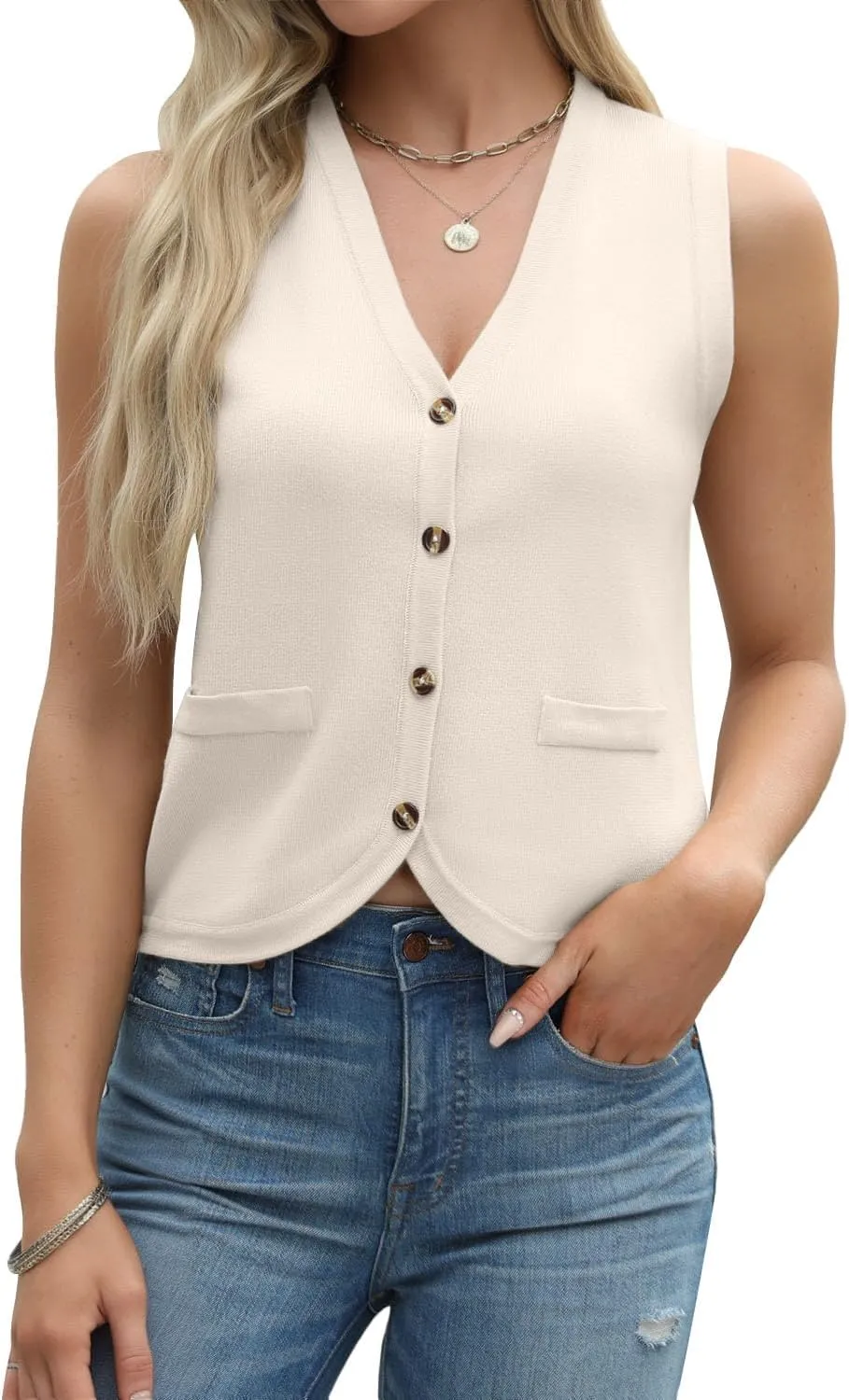 Tanou Sweater Vest for Women Casual Sleeveless Button Up V Neck Cardigan Summer Knit Ribbed Tank Tops