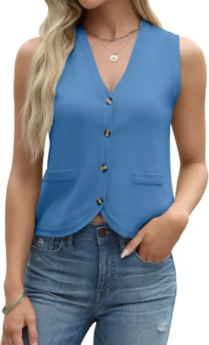 Tanou Sweater Vest for Women Casual Sleeveless Button Up V Neck Cardigan Summer Knit Ribbed Tank Tops
