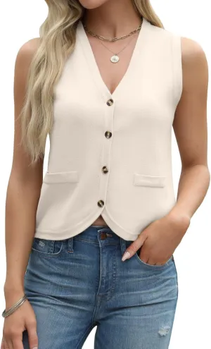 Tanou Sweater Vest for Women Casual Sleeveless Button Up V Neck Cardigan Summer Knit Ribbed Tank Tops