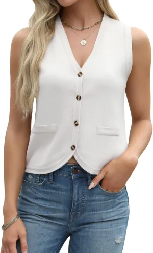 Tanou Sweater Vest for Women Casual Sleeveless Button Up V Neck Cardigan Summer Knit Ribbed Tank Tops
