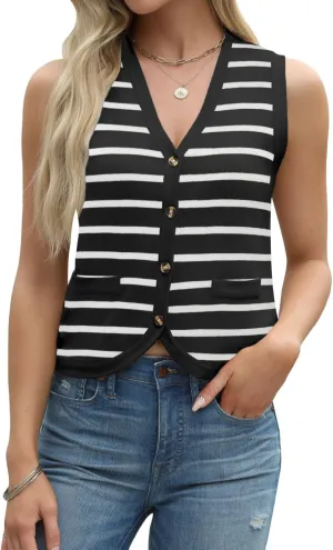Tanou Sweater Vest for Women Casual Sleeveless Button Up V Neck Cardigan Summer Knit Ribbed Tank Tops