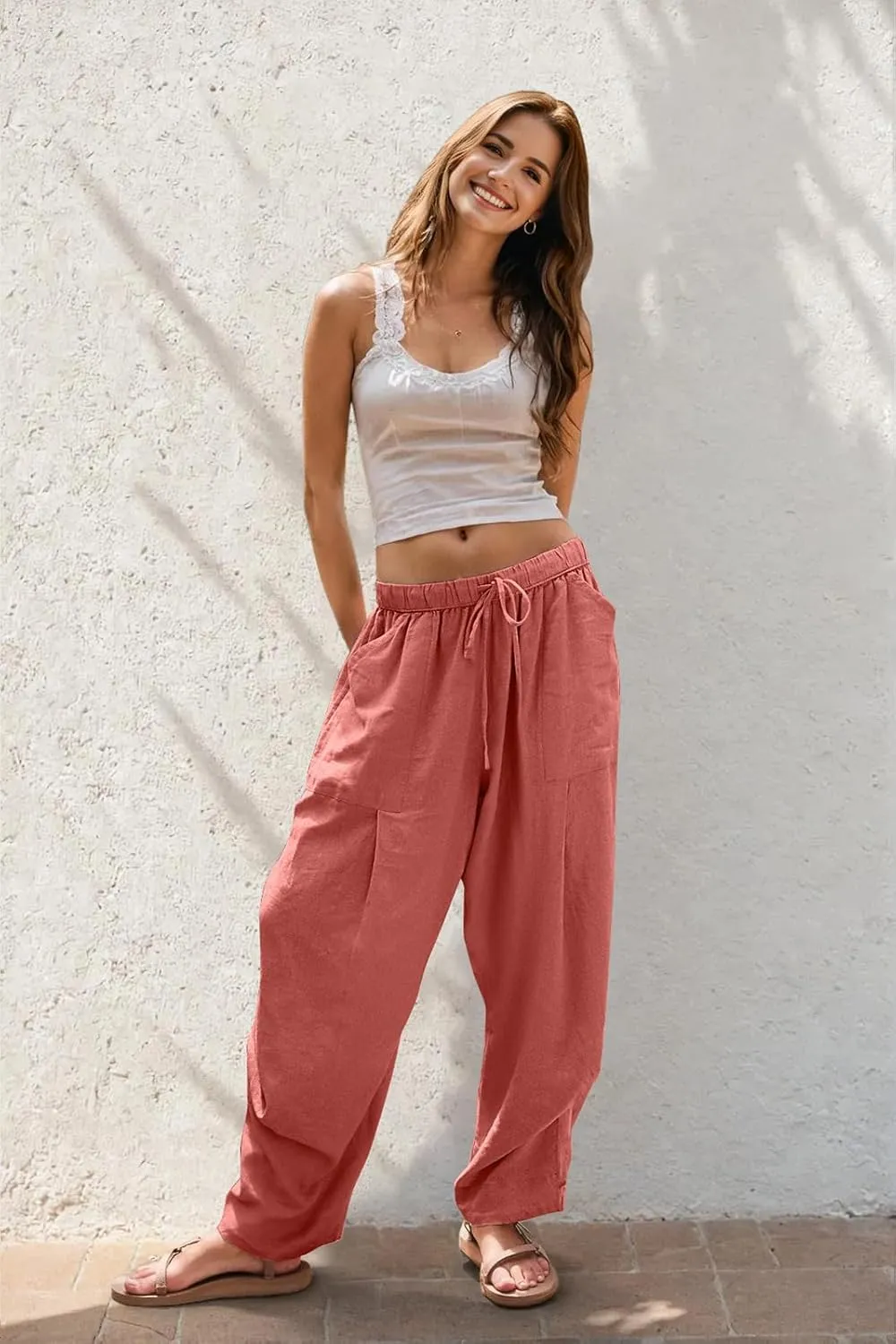 TARSE Women Linen Baggy Harem Pants Summer Drawstring Casual Lounge Pant 2024 Beach Travel Vacation Clothes with Pockets