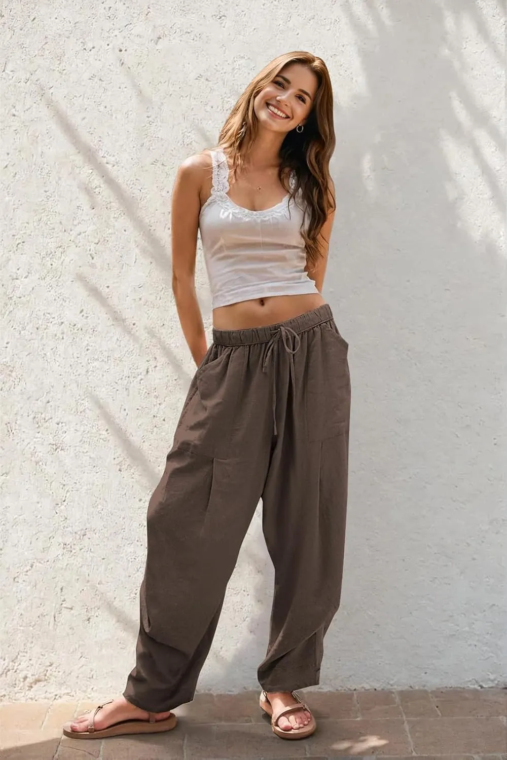 TARSE Women Linen Baggy Harem Pants Summer Drawstring Casual Lounge Pant 2024 Beach Travel Vacation Clothes with Pockets