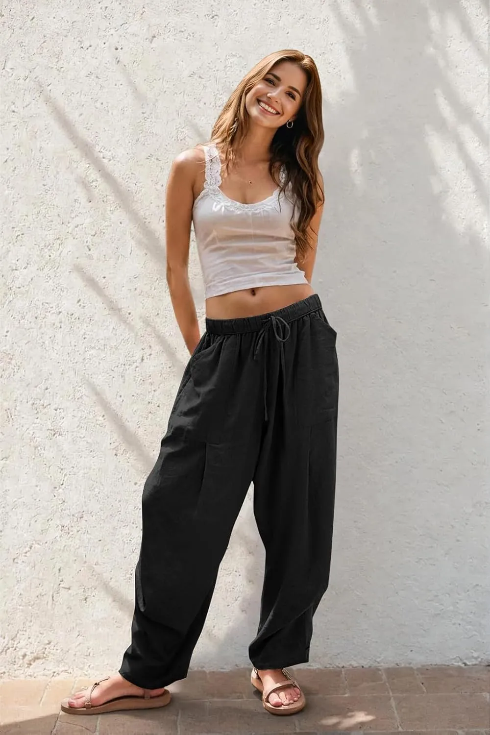 TARSE Women Linen Baggy Harem Pants Summer Drawstring Casual Lounge Pant 2024 Beach Travel Vacation Clothes with Pockets