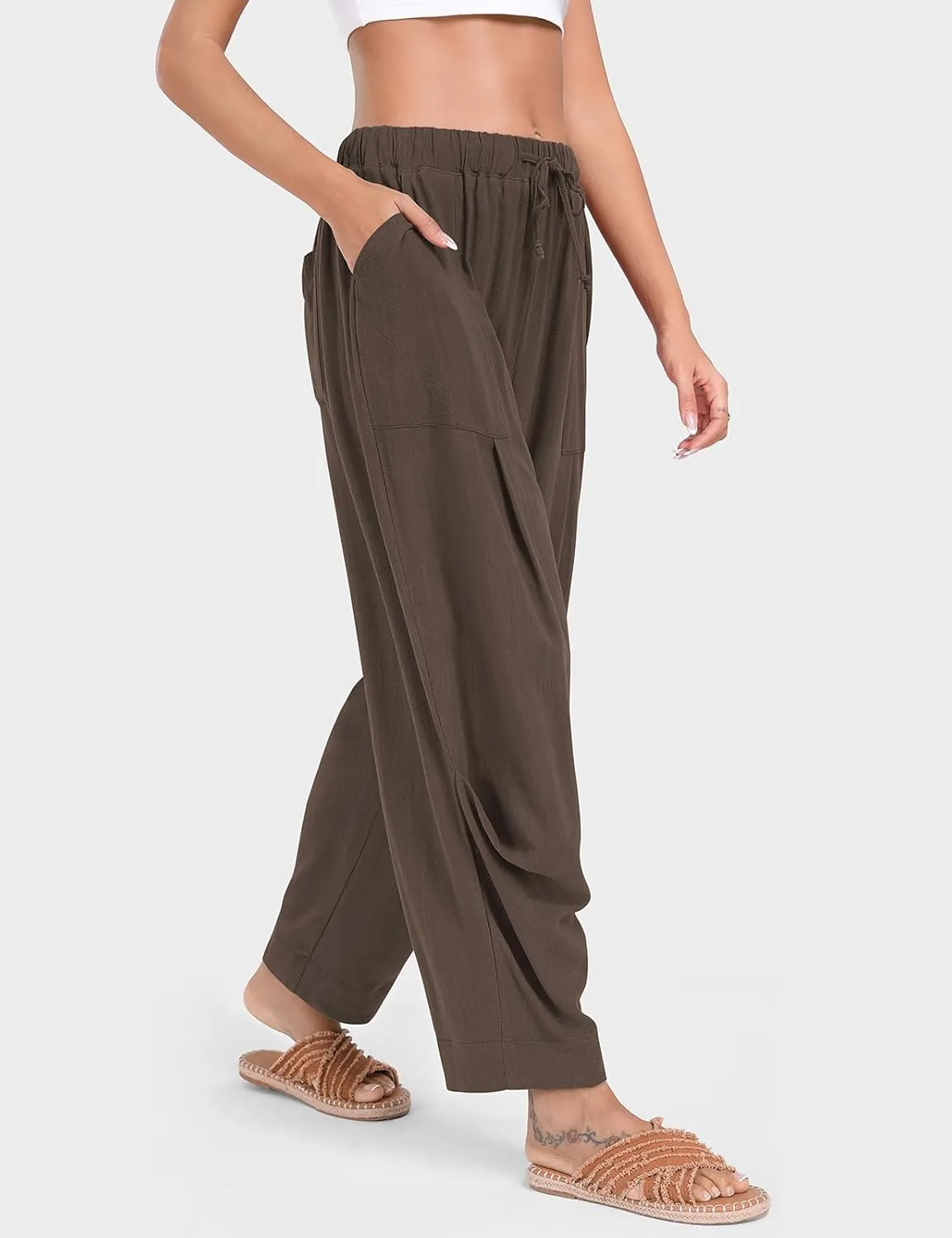 TARSE Women Linen Baggy Harem Pants Summer Drawstring Casual Lounge Pant 2024 Beach Travel Vacation Clothes with Pockets