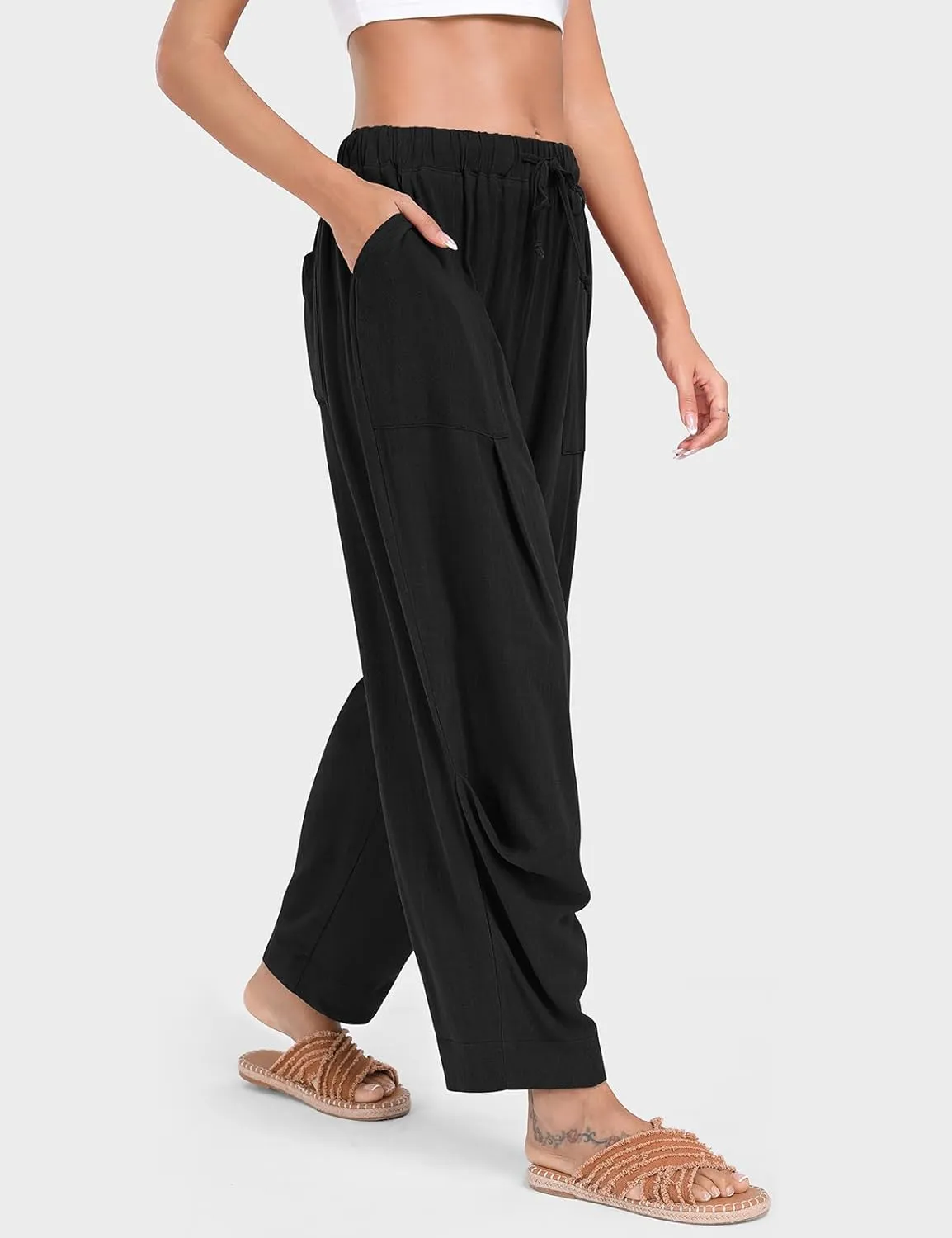 TARSE Women Linen Baggy Harem Pants Summer Drawstring Casual Lounge Pant 2024 Beach Travel Vacation Clothes with Pockets