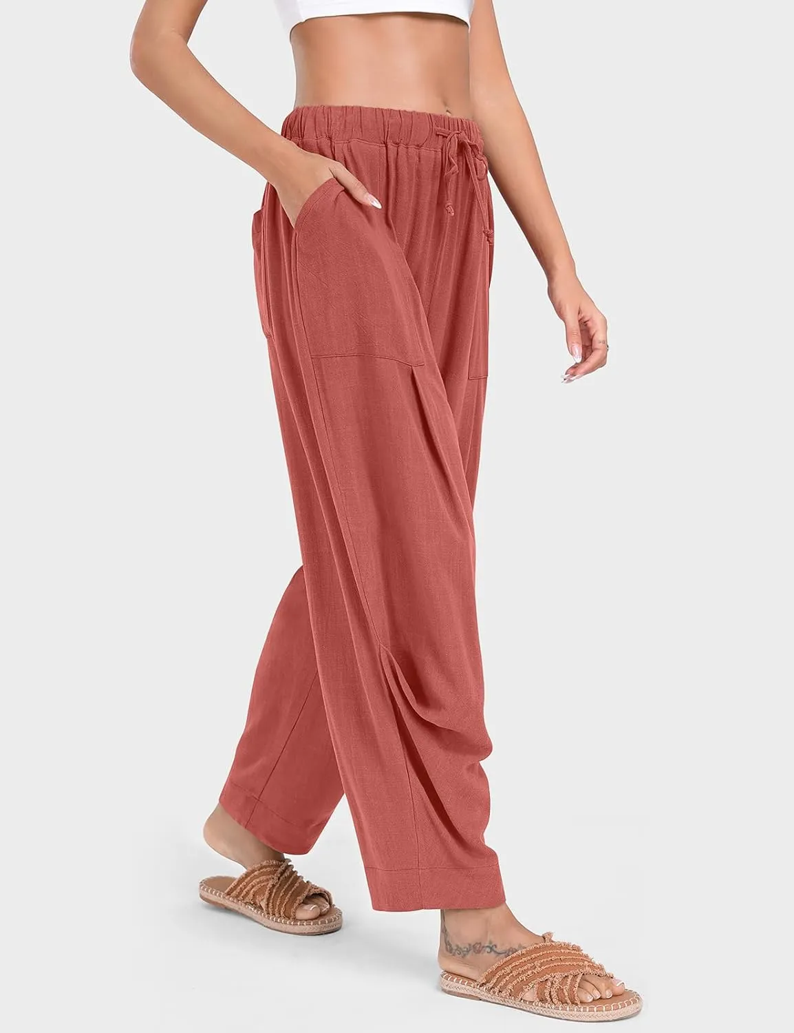 TARSE Women Linen Baggy Harem Pants Summer Drawstring Casual Lounge Pant 2024 Beach Travel Vacation Clothes with Pockets