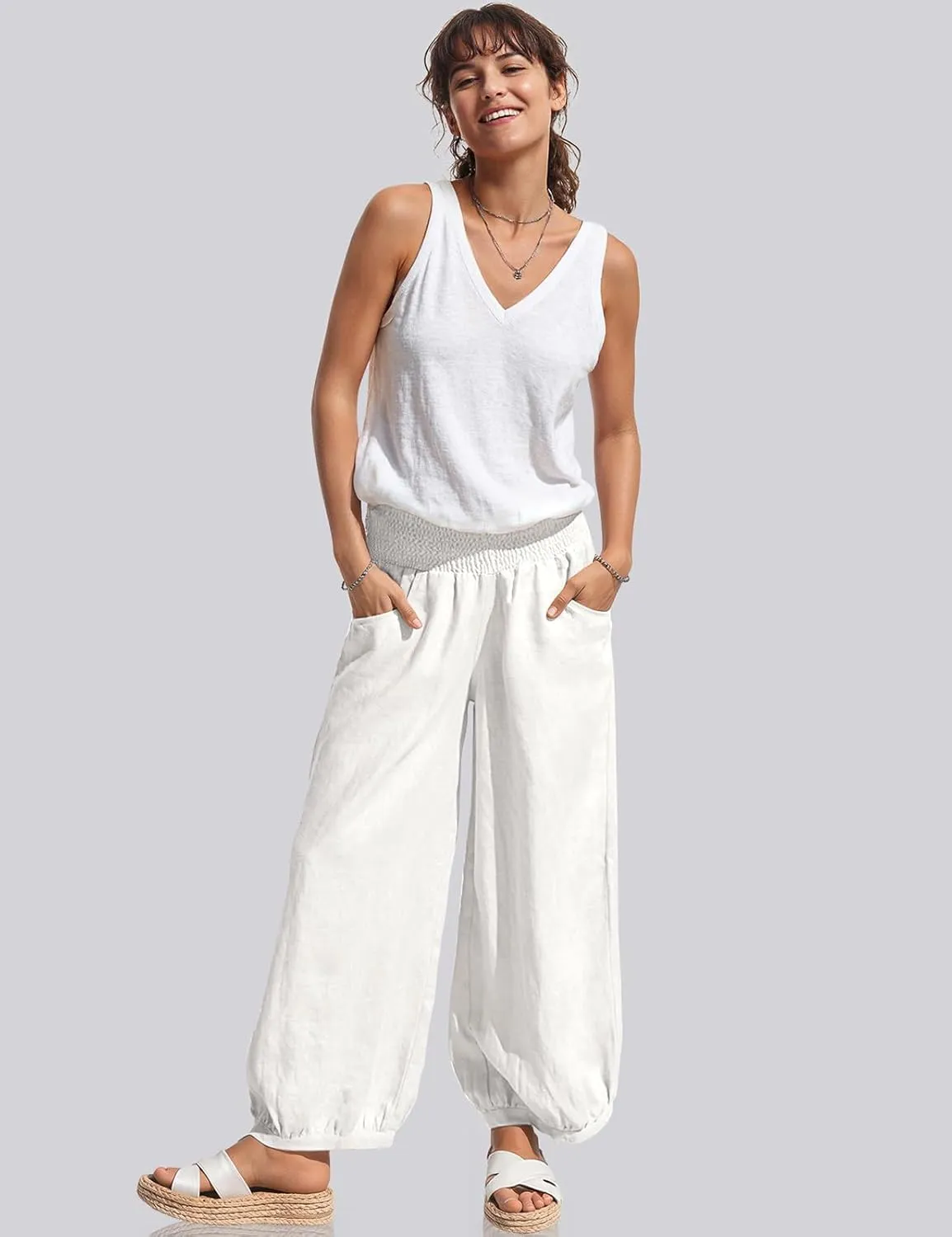 TARSE Womens Linen Wide Leg Pants Casual Loose Elastic Waisted Barrel Beach Palazzo Pants with Pockets