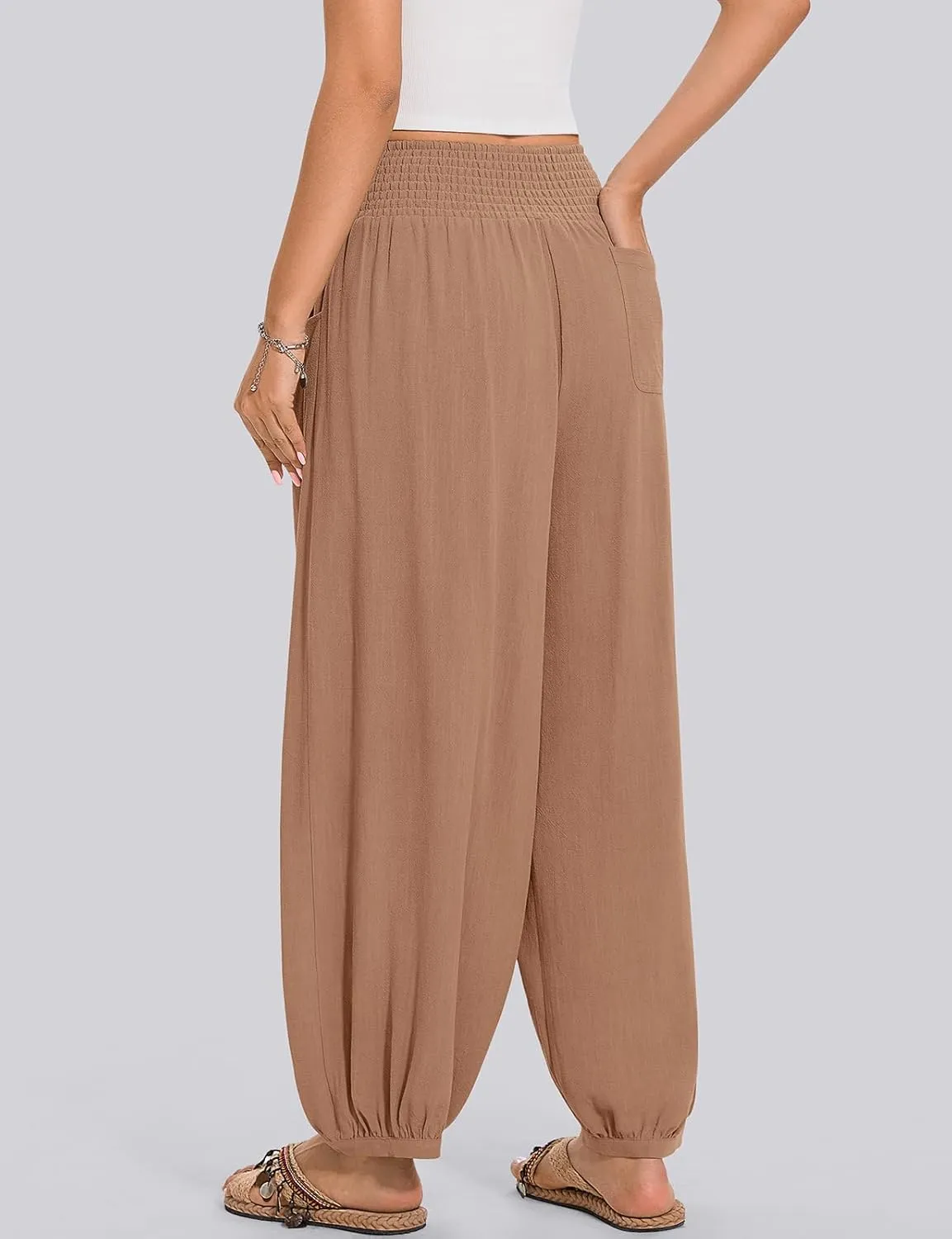 TARSE Womens Linen Wide Leg Pants Casual Loose Elastic Waisted Barrel Beach Palazzo Pants with Pockets