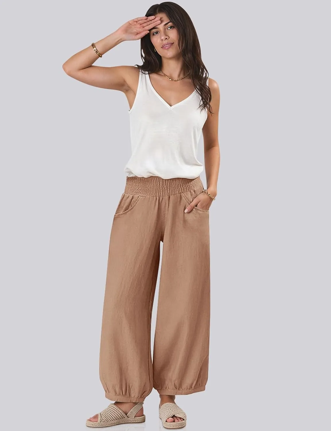 TARSE Womens Linen Wide Leg Pants Casual Loose Elastic Waisted Barrel Beach Palazzo Pants with Pockets