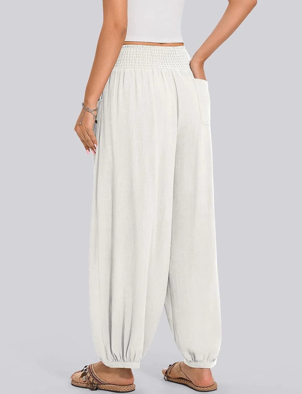 TARSE Womens Linen Wide Leg Pants Casual Loose Elastic Waisted Barrel Beach Palazzo Pants with Pockets