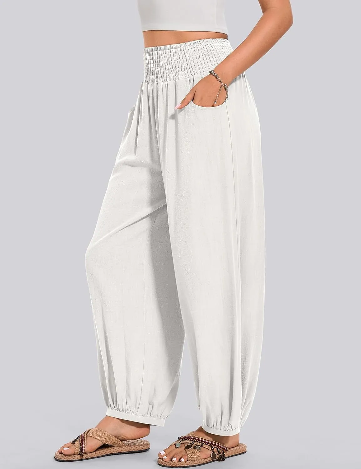 TARSE Womens Linen Wide Leg Pants Casual Loose Elastic Waisted Barrel Beach Palazzo Pants with Pockets