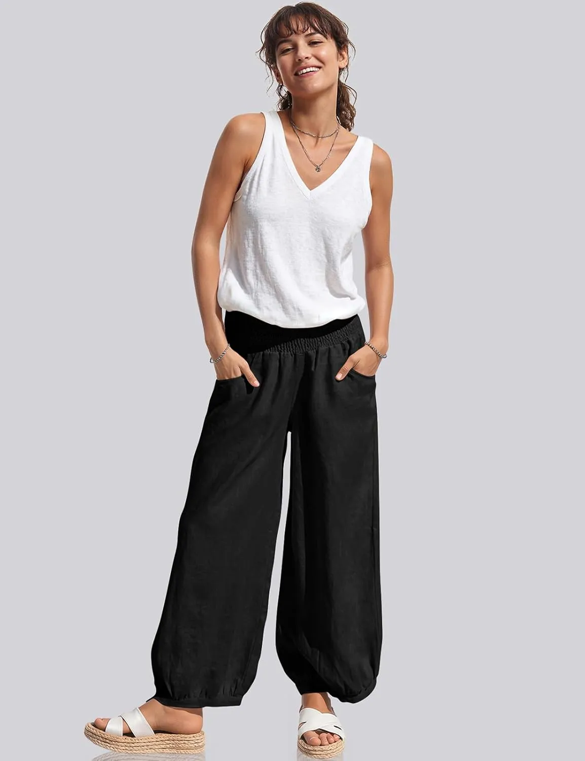 TARSE Womens Linen Wide Leg Pants Casual Loose Elastic Waisted Barrel Beach Palazzo Pants with Pockets