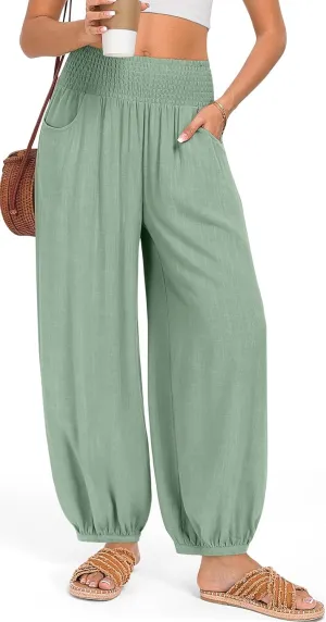 TARSE Womens Linen Wide Leg Pants Casual Loose Elastic Waisted Barrel Beach Palazzo Pants with Pockets