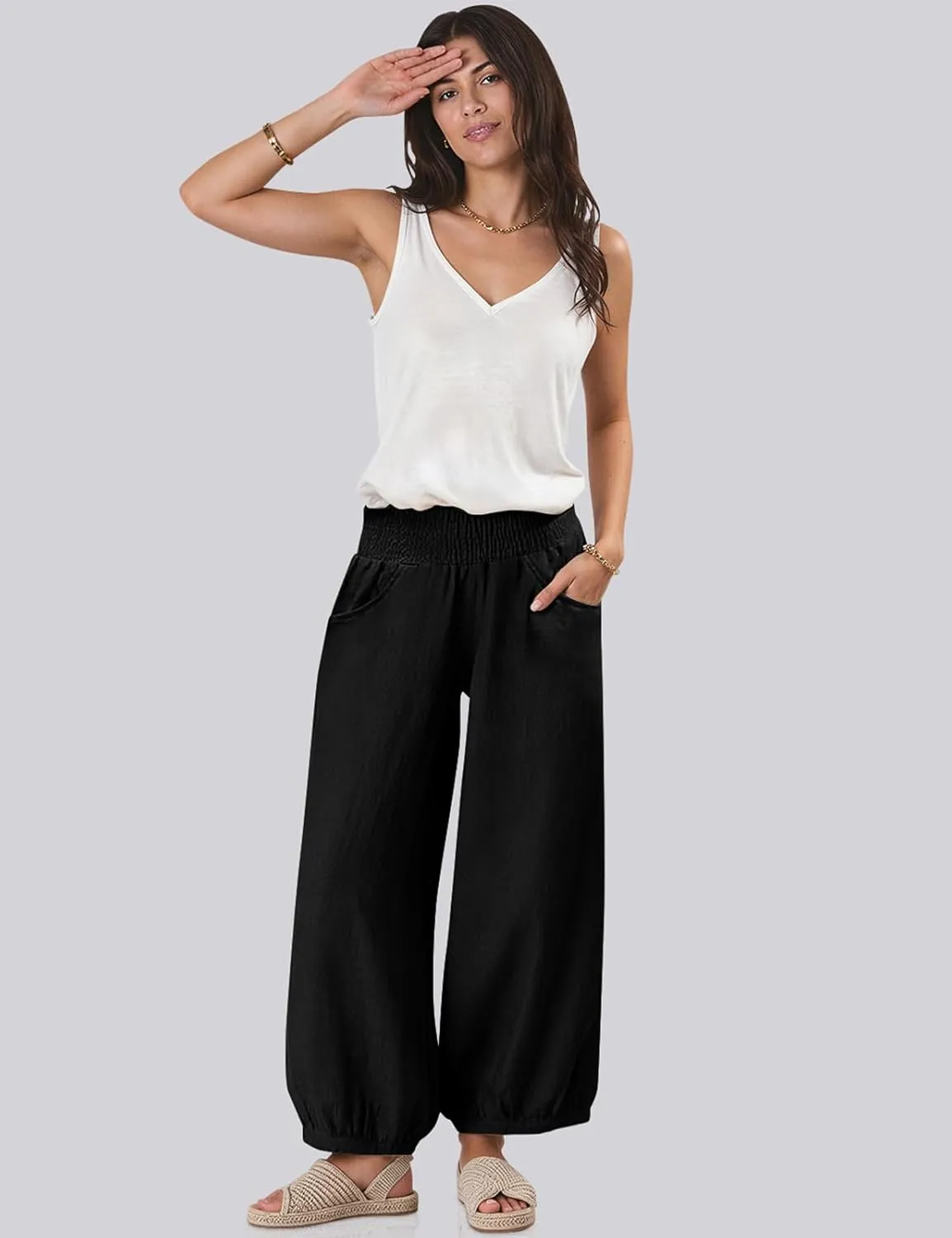 TARSE Womens Linen Wide Leg Pants Casual Loose Elastic Waisted Barrel Beach Palazzo Pants with Pockets