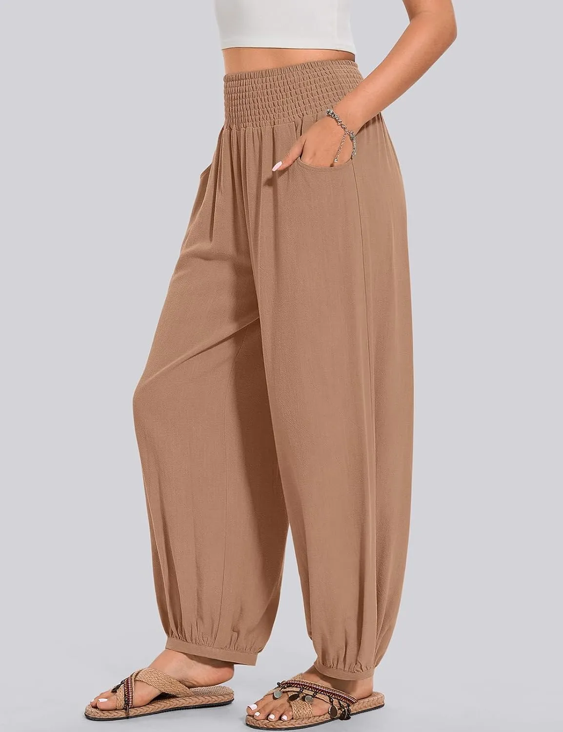 TARSE Womens Linen Wide Leg Pants Casual Loose Elastic Waisted Barrel Beach Palazzo Pants with Pockets