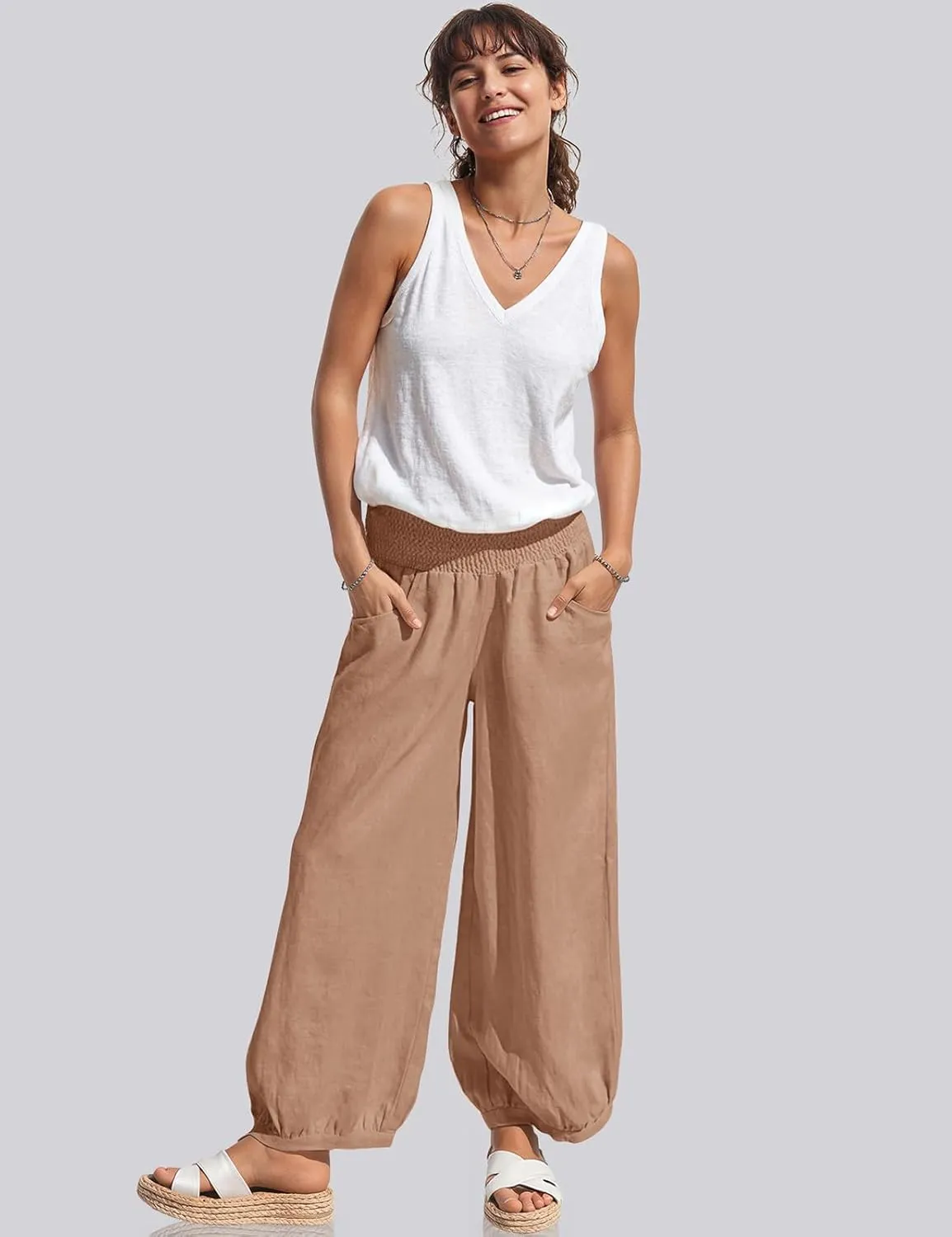 TARSE Womens Linen Wide Leg Pants Casual Loose Elastic Waisted Barrel Beach Palazzo Pants with Pockets