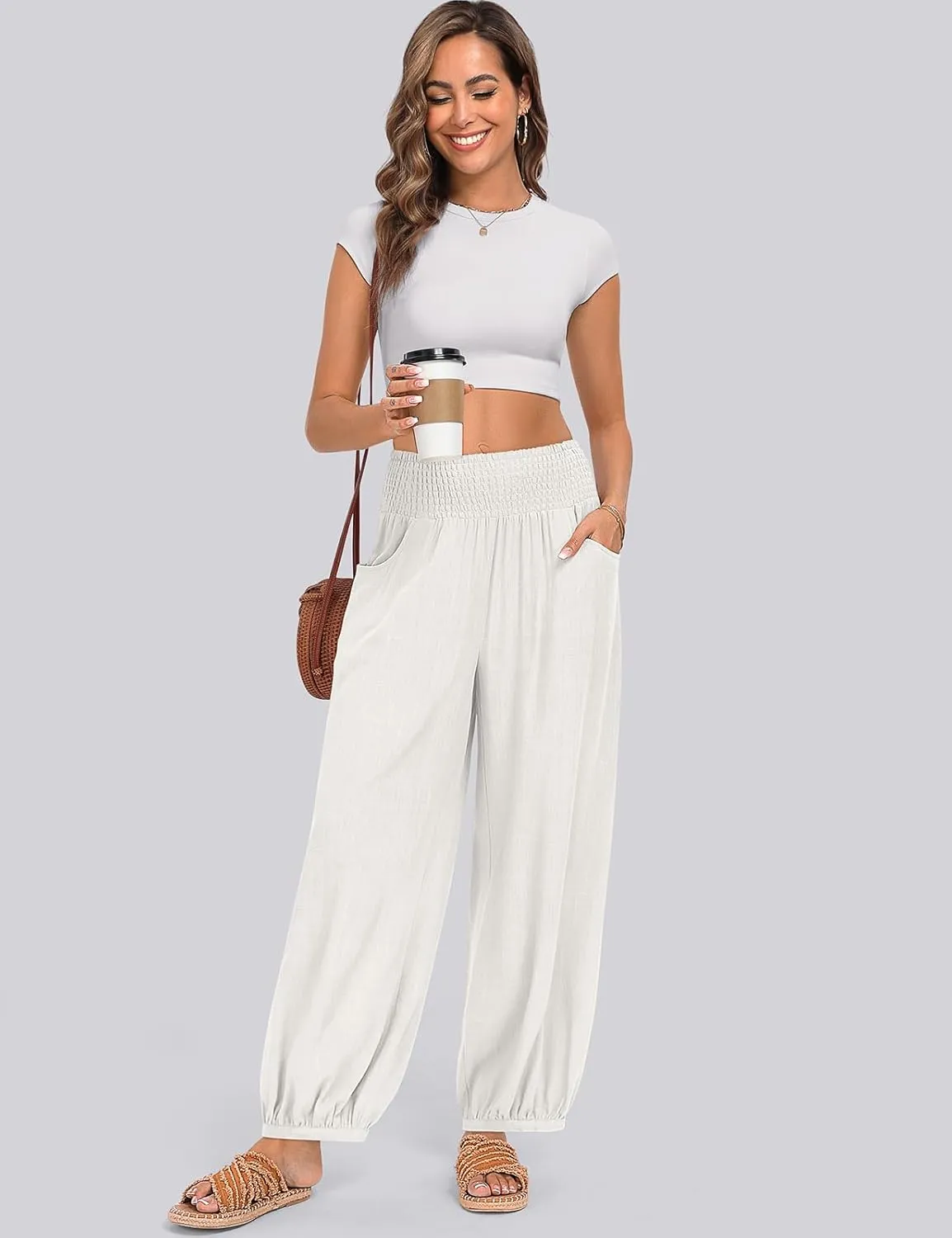 TARSE Womens Linen Wide Leg Pants Casual Loose Elastic Waisted Barrel Beach Palazzo Pants with Pockets