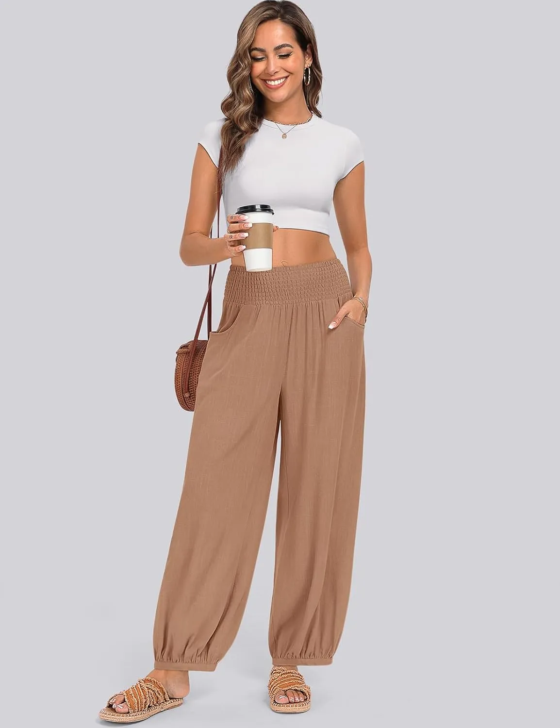TARSE Womens Linen Wide Leg Pants Casual Loose Elastic Waisted Barrel Beach Palazzo Pants with Pockets