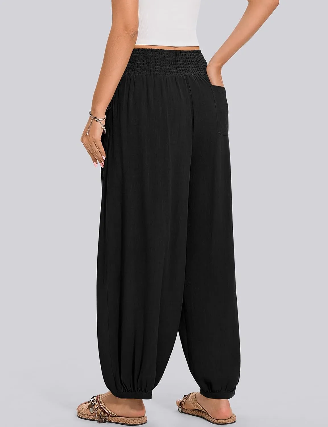 TARSE Womens Linen Wide Leg Pants Casual Loose Elastic Waisted Barrel Beach Palazzo Pants with Pockets