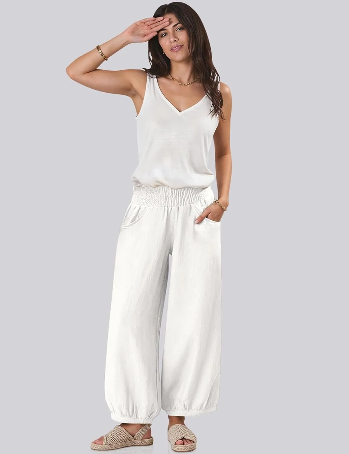 TARSE Womens Linen Wide Leg Pants Casual Loose Elastic Waisted Barrel Beach Palazzo Pants with Pockets