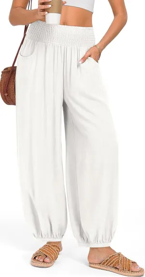 TARSE Womens Linen Wide Leg Pants Casual Loose Elastic Waisted Barrel Beach Palazzo Pants with Pockets