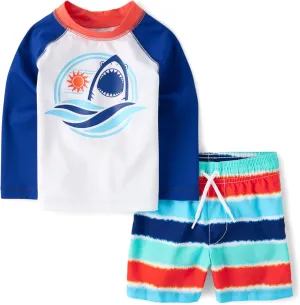 The Children's Place Boys' and Toddler Long Sleeve Rashguard and Swim Trunk 2 Piece Set